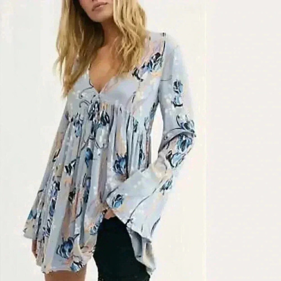 Free People Bella Floral Print Tunic Sky Combo Small - Picture 7 of 7
